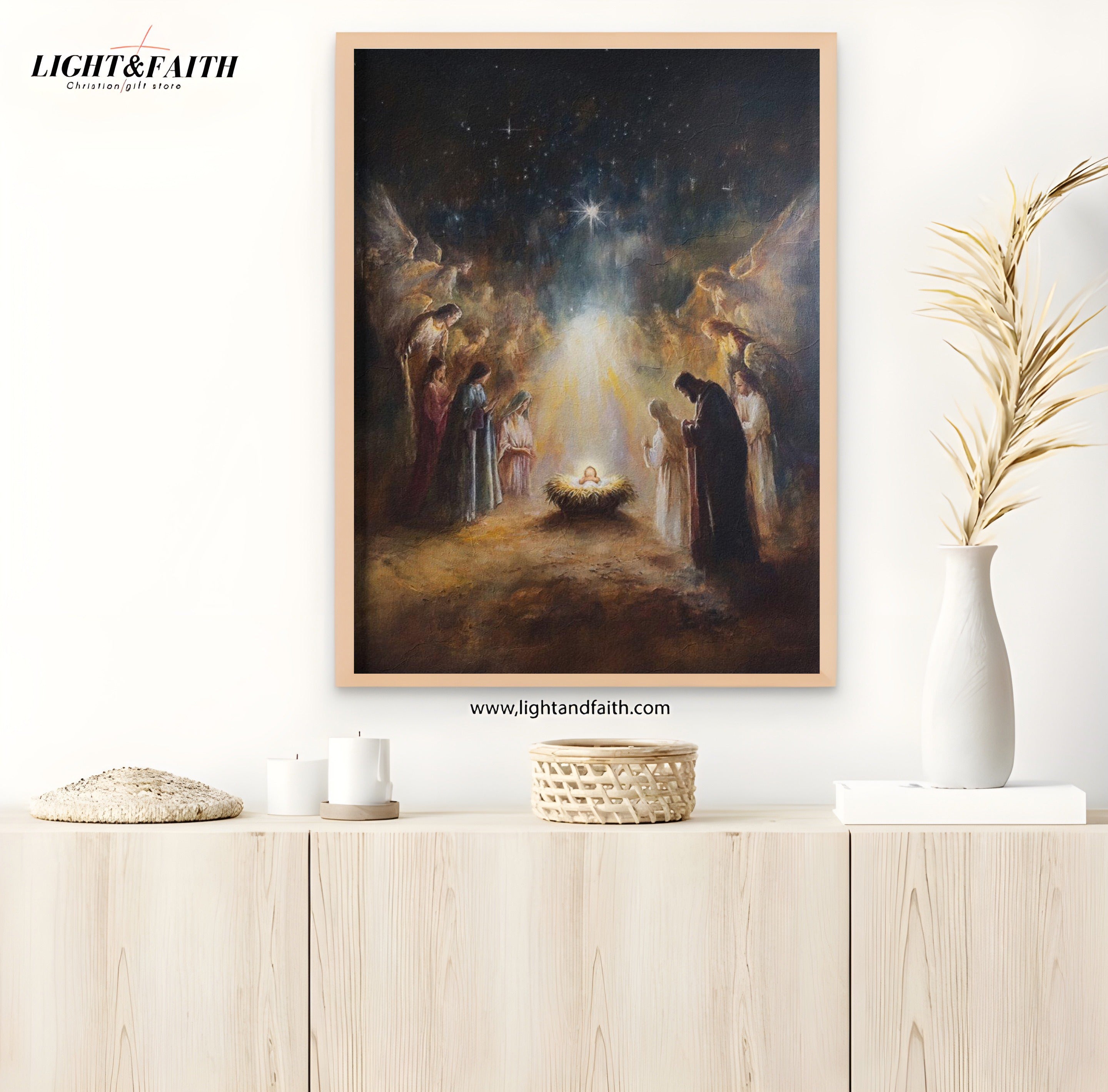 Nativity Poster Wall Art, Christian Christmas Decor, Holy Night Manger Scene Print, Religious Jesus Birth Artwork, Bethlehem Star Canvas